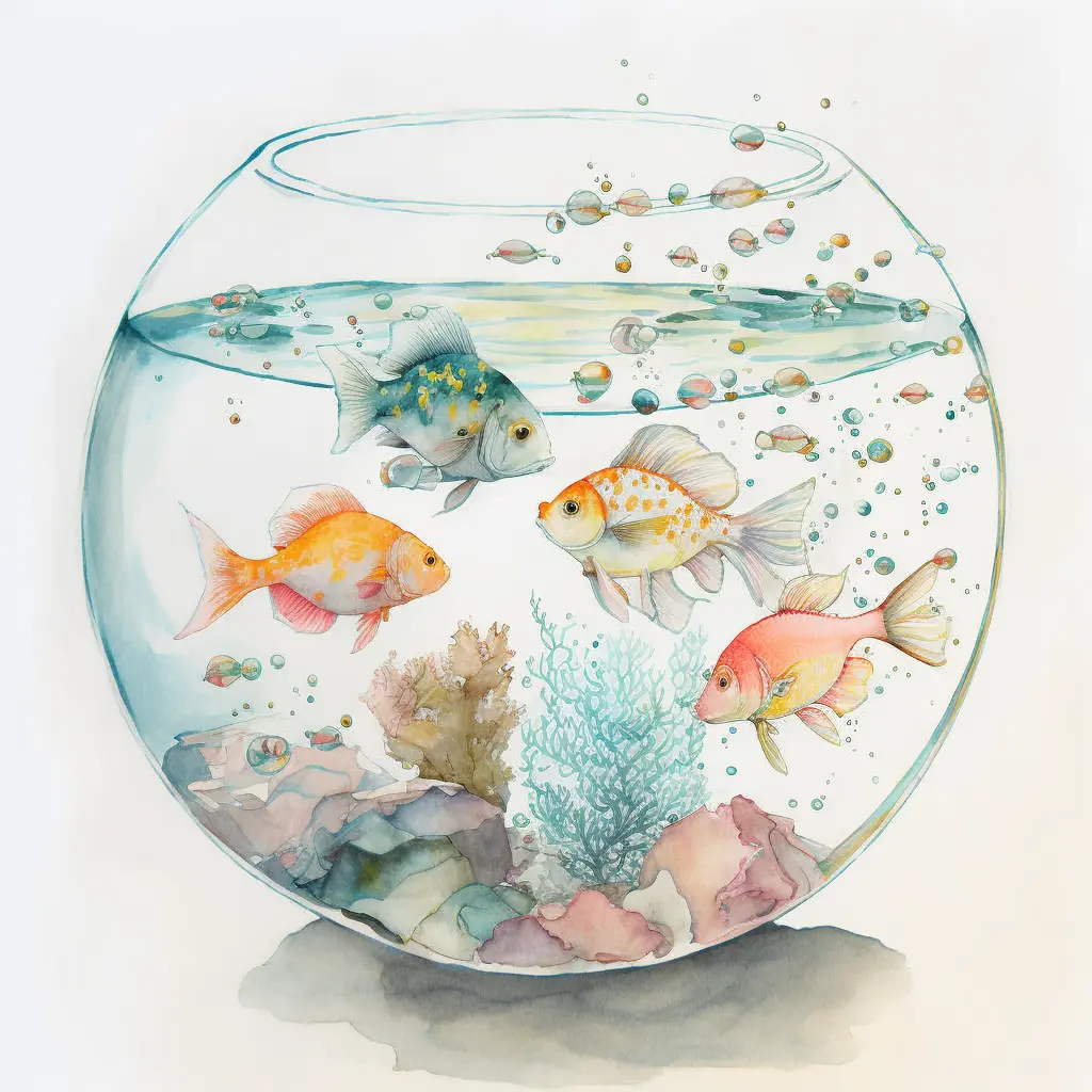 light watercolor, glass fishbowl containing tropical fish, white background, few details, dreamy, Studio Ghibli